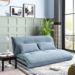 Harper & Bright Designs Floor Sofa Adjustable Lazy Sofa Bed, Foldable Mattress Futon Couch Bed With 2 Pollows (Blue)