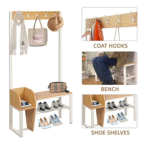 Entryway Coat Rack Shoe Bench, 4-in-1 Hall Tree Storage Bench, Organizer Entrance Storage Shelf Furniture With 5 Coat Hooks For Hallway Home Bedroom White 4 Entryway Coat Rack Shoe Bench, 4-in-1 Hall Tree Storage Bench, Organizer Entrance Storage Shelf Furniture With 5 Coat Hooks For Hallway Home Bedroom White - Image 4