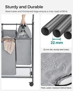 SONGMICS 4-Section Laundry Sorter, Rolling Laundry Hamper With Hanging Bar, Heavy-Duty Laundry Basket, Lockable Wheels Hampers For Laundry, 4 X 13.2 Gal., Gray URLS44GS -Songmics Furniture Shop 51d4Tp2RuHL