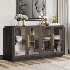 BELLEZE Sideboard Buffet Cabinet, Modern Wood Glass-Buffet-Sideboard With Storage, Console Table For Kitchen, Dinning Room, Living Room, Hallway, Or Entrance - Brixston (Brown) -Songmics Furniture Shop 51dHo21QeL. AC
