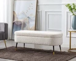 CIMOTA Modern Upholstered Storage Bench For Bedroom Sherpa Ottoman Entryway Beach Faux Fur End Of Bed Bench With Metal Legs For Living Room, Beige, 45 Inches -Songmics Furniture Shop 51dMozOFavL. AC