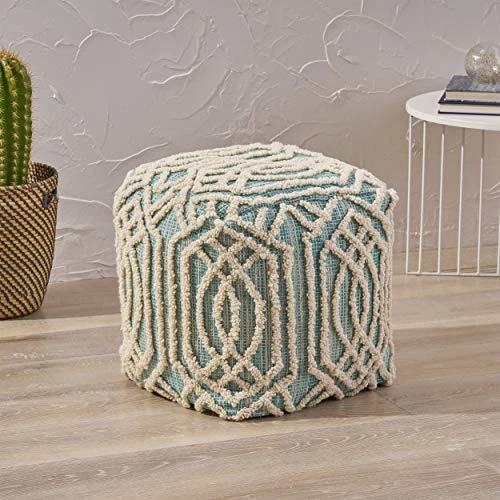 Great Deal Furniture Poppy Boho Wool And Cotton Ottoman Pouf, Aqua And White 2 Great Deal Furniture Poppy Boho Wool And Cotton Ottoman Pouf, Aqua And White - Image 2