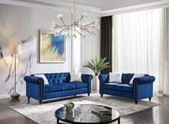 3-Piece Velvet Upholstered Living Room Furniture Set, Including 3-Seater Sofa, Loveseat And Single Sofa Chair With Button And Copper Nail On Arms And Back, Five White Villose Pillows Included, Blue -Songmics Furniture Shop 51dbyKRy8RL. AC