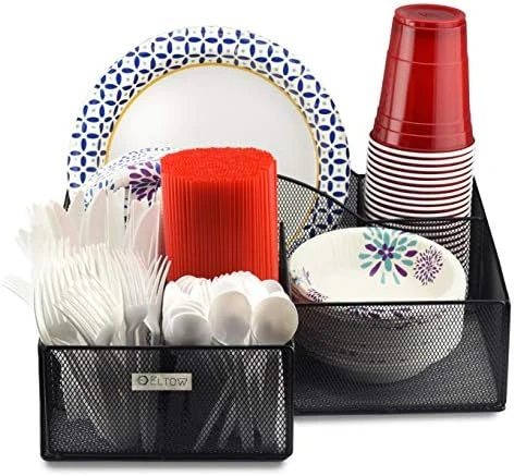 ELTOW Countertop Silverware Caddy W/Handle, 8 Compartment Paper Plate & Cutlery Caddy For Plates, Bowls, Forks, Spoons, Knives, Napkins, Flatware & Utensil Holder For Party, Picnic, Home, RV - Black 6 ELTOW Countertop Silverware Caddy W/Handle, 8 Compartment Paper Plate & Cutlery Caddy For Plates, Bowls, Forks, Spoons, Knives, Napkins, Flatware & Utensil Holder For Party, Picnic, Home, RV - Black - Image 6
