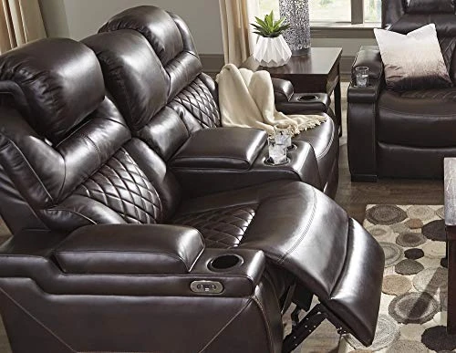 Signature Design By Ashley Warnerton Faux Leather Power Reclining Loveseat With Center Console, Brown 4 Signature Design By Ashley Warnerton Faux Leather Power Reclining Loveseat With Center Console, Brown - Image 4