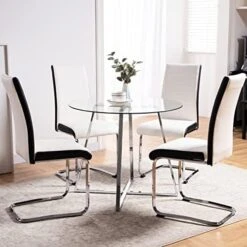 5 Pieces Dining Table And Chairs Set - Modern Round Dining Room Table With 4 Leather Chairs - Tempered Glass Table Top And Chrome Legs Kitchen Table Set For Small Space - White -Songmics Furniture Shop 51e27cDBXL. AC