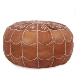 Mina Stuffed Moroccan Arch Design Leather Pouf Ottoman, 22" Diameter And 14" Height (Dark Tan)