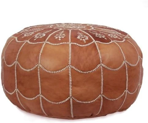 Mina Stuffed Moroccan Arch Design Leather Pouf Ottoman, 22" Diameter And 14" Height (Dark Tan) 2 Mina Stuffed Moroccan Arch Design Leather Pouf Ottoman, 22" Diameter And 14" Height (Dark Tan) - Image 2