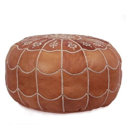 Mina Stuffed Moroccan Arch Design Leather Pouf Ottoman, 22" Diameter And 14" Height (Dark Tan) 1 Mina Stuffed Moroccan Arch Design Leather Pouf Ottoman, 22" Diameter And 14" Height (Dark Tan)