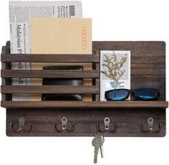 Dahey Wall Mounted Mail Holder Wooden Key Holder Rack Mail Sorter Organizer With 4 Double Key Hooks And A Floating Shelf Rustic Home Decor For Entryway Or Mudroom,15.7" W X9.3 Hx3.2 D, Brown -Songmics Furniture Shop 51eADQu9DcL. AC