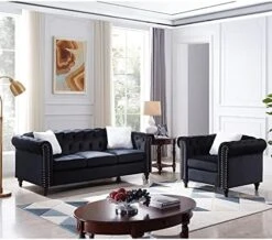 3-Piece Velvet Upholstered Living Room Furniture Set, Including 3-Seater Sofa, Loveseat And Single Sofa Chair With Button And Copper Nail On Arms And Back, Five White Villose Pillows Included, Blue -Songmics Furniture Shop 51eCd5WYYeL. AC