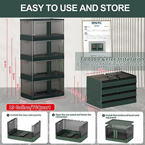 Sineda 4 Pack Storage Bins With Lids - 19 Gallon Collapsible Storage Bins With Wheels And Door, Stackable Storage Bins For Clothing, Blankets, Books, Bedding And Toys.(19 Gal-4Pack, Green) 2 Sineda 4 Pack Storage Bins With Lids - 19 Gallon Collapsible Storage Bins With Wheels And Door, Stackable Storage Bins For Clothing, Blankets, Books, Bedding And Toys.(19 Gal-4Pack, Green) - Image 2