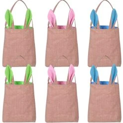 6 Pack Easter Egg Hunt Basket For Kids Bunny Jute Burlap Tote Gifts Bags Eggs Candy & Gifts Carry Bucket Easter Baskets Bunny Bags Burlap Easter Bunny Ear Bag Easter Egg Hunt Party Decorations Toys