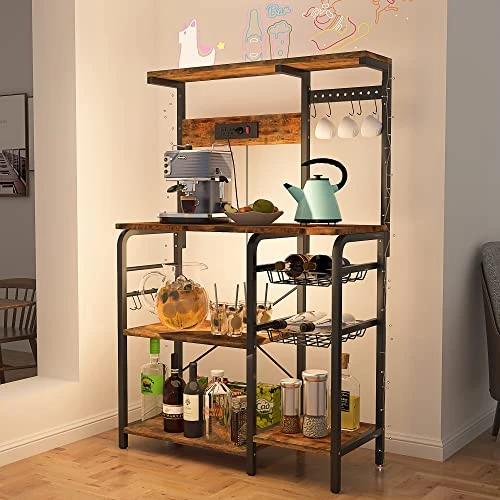 YILFANA Kitchen Bakers Rack With Power Outlet, Bakers Racks For Kitchen With Storage, Microwave Stand With Storage, Kitchen Rack And Shelves With 2 Wire Baskets, 10 S-Hooks, Kitchen Storage Shelves 2 YILFANA Kitchen Bakers Rack With Power Outlet, Bakers Racks For Kitchen With Storage, Microwave Stand With Storage, Kitchen Rack And Shelves With 2 Wire Baskets, 10 S-Hooks, Kitchen Storage Shelves - Image 2