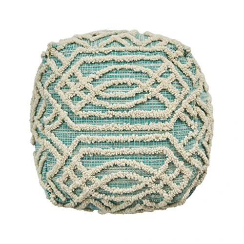 Great Deal Furniture Poppy Boho Wool And Cotton Ottoman Pouf, Aqua And White 7 Great Deal Furniture Poppy Boho Wool And Cotton Ottoman Pouf, Aqua And White - Image 7