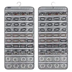 ANZORG 80 Zippered Pockets Hanging Jewelry Organizer For Holding Jewelries Dual-Sided Accessory Display Holder For Earrings Bracelets Rings (80 Zippered Pockets-Grey)
