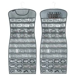ANZORG Hanging Jewelry Organizer Dual Sided 84 Clear Pockets And 6 Hook Loops Storage For Holding Jewelries Hair Accessories Dress Shaped Earring Holder (84 Pockets And 6 Hook Loops -Grey)