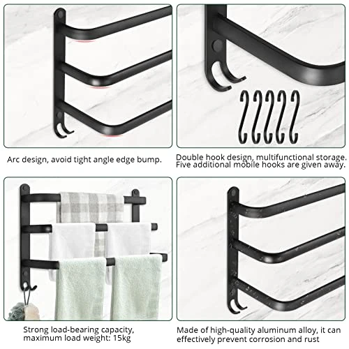 3 Tier Towel Bars, JiGiU Triple Towel Hanger Rack Aluminum Towel Holder With 5 Hooks, 3-Tier Ladder Adhesive Towel Rack Storage Organizer Wall Mounted Space Saving For Bathroom Kitchen Hotel,Black 3 3 Tier Towel Bars, JiGiU Triple Towel Hanger Rack Aluminum Towel Holder With 5 Hooks, 3-Tier Ladder Adhesive Towel Rack Storage Organizer Wall Mounted Space Saving For Bathroom Kitchen Hotel,Black - Image 3
