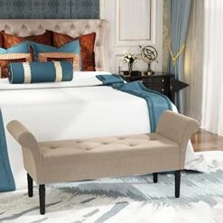 Changjie Furniture Modern PU Leather Storage Bench Tufted Bed Bench Entryway Bench With Storage For Living Room Bedroom (Tan)