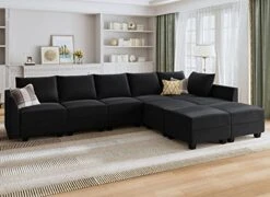 HONBAY Modular Sectional Sofa Set Oversized U Shaped Couch With Storage Ottoman Convertible Sleeper Sectional Sofa Velvet Modular Couch With Wide Chaise, Black -Songmics Furniture Shop 51eeMNdE1hL