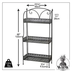 WHW Whole House Worlds Farmers Favorite 3 Tier Rack, Plant Stand, Black Powder Coated Iron, Punched Floral Fold-Out Rimmed Shelves, Finial Top Details, 23 1/2 L X 11 W X 48 H Inches, -Songmics Furniture Shop 51epDXBOtUL