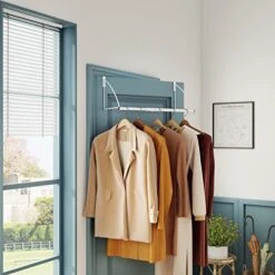 Tajsoon Over The Door Closet Valet, Expandable & Adjustable Over The Door Clothes Organizer Rack And Door Hanger For Clothing Or Towel, Drying Clothes, Bathrooms, Fits Doors Up To 1¾”, Metal, White