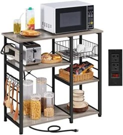 Topeakmart Kitchen Bakers Rack With Power Outlet And Wire Basket, Utility Storage Shelf Coffee Cart Station W/Storage Shelves, Kitchen Rack With 6 Hooks & Protective Adjustable Footpads, Rustic Brown -Songmics Furniture Shop 51eyIevjWtL. AC