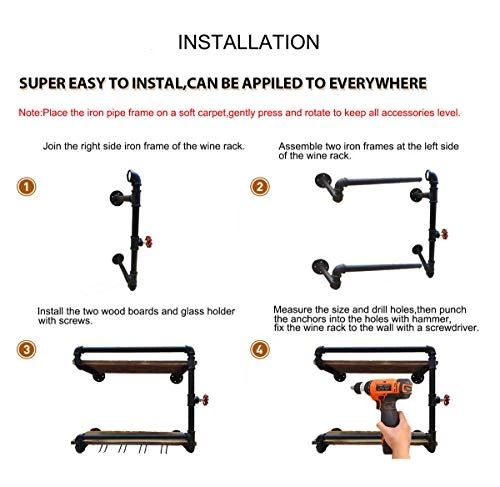 Industrial Wall Mounted Wine Racks With 4 Stem Glass Holder,24inch Rustic Metal Hanging Wine Holder Glass Rack,2-Tiers Floating Bar Shelves Bottle Holder Storage Shelves,Wood Shelves Wall Shelf 3 Industrial Wall Mounted Wine Racks With 4 Stem Glass Holder,24inch Rustic Metal Hanging Wine Holder Glass Rack,2-Tiers Floating Bar Shelves Bottle Holder Storage Shelves,Wood Shelves Wall Shelf - Image 3