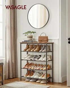 VASAGLE Shoe Rack, 5 Tier Shoe Storage Rack For 12-16 Pairs Of Shoes, Shoe Organizer For Entryway, With 4 Fabric Shelves And Wooden Top, Steel Frame, Industrial, Rustic Brown And Black ULBS036B01