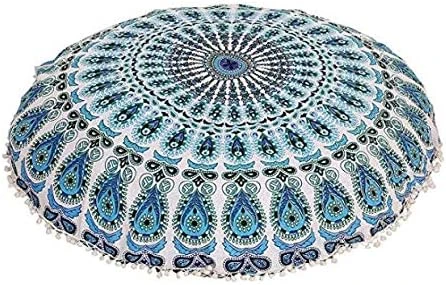 Rajasthaniartdecor Round Pouf Cover Cushion Cotton With Pom Meditetion Seating For Living Dorm Room Color Size 32 Inch Inches (Cover Only) (Blue Gold), RADC003-V, Inches(80 Cm) 5 Rajasthaniartdecor Round Pouf Cover Cushion Cotton With Pom Meditetion Seating For Living Dorm Room Color Size 32 Inch Inches (Cover Only) (Blue Gold), RADC003-V, Inches(80 Cm) - Image 5