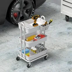 Simple Houseware 3-Tier Kitchen Cart Multifunctional Rolling Utility Cart With 2 Dividers And Hanging Bucket, White -Songmics Furniture Shop 51f8MPjxTUL