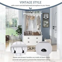 TAVENS Hall Tree With Storage Bench, 3-in-1 Entryway Bench With Coat Rack, Standing Coat Rack With 5 Metal Hooks And 2 Large Drawers For Hallway, Living Room, Mudroom 38.5”W X 15.7”D X 75”H,White 8 TAVENS Hall Tree With Storage Bench, 3-in-1 Entryway Bench With Coat Rack, Standing Coat Rack With 5 Metal Hooks And 2 Large Drawers For Hallway, Living Room, Mudroom 38.5”W X 15.7”D X 75”H,White -Songmics Furniture Shop 51fHIfvlHfL