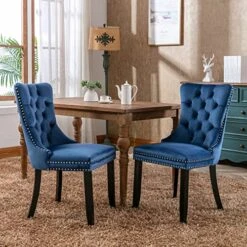 Winwee Set Of 2 Dining Chairs Leisure Padded Chair, Tufted Solid Wood Velvet Upholstered Dining Chair With Nailhead Trim& Ring Pull For Kitchen, Living Room (Blue), (WINWETO-00192)