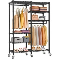 VIPEK R4i Portable Closets Heavy Duty Garment Rack Adjustable Rolling Clothes Rack With 6 Tiers Metal Wire Shelving, Double Rods, Lockable Wheels, Freestanding Wardrobe Closet Storage Rack, Black