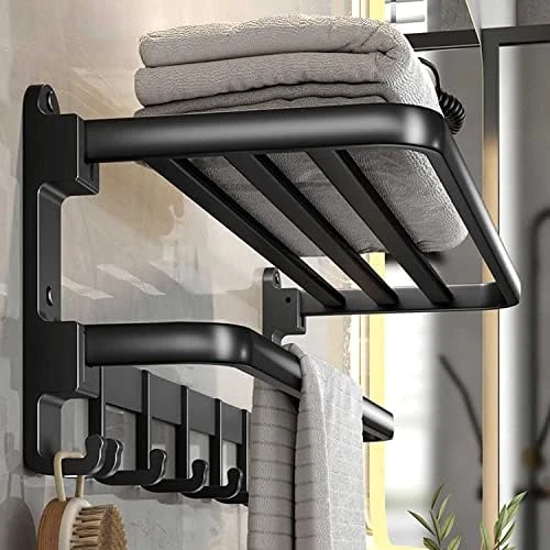 Yariwiz Matte Black Towel Rack Wall Mounted No Drill And Screw Mounting With Foldable Storage Shelf, Bathroom Bath Shower Length 24 Inch Double Towel Rod With Shelf Hotel Towel Rack B0504-MB 9 Yariwiz Matte Black Towel Rack Wall Mounted No Drill And Screw Mounting With Foldable Storage Shelf, Bathroom Bath Shower Length 24 Inch Double Towel Rod With Shelf Hotel Towel Rack B0504-MB - Image 9
