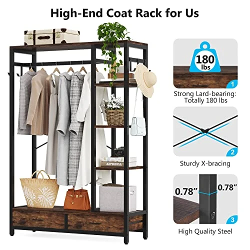 LITTLE TREE Free-standing Closet Organizer, 79" Coat Rack With 2 Drawers, Hall Tree With Hooks And Shelves, Industrial Garment Rack For Entryway, Bedroom, Living Room 3 LITTLE TREE Free-standing Closet Organizer, 79" Coat Rack With 2 Drawers, Hall Tree With Hooks And Shelves, Industrial Garment Rack For Entryway, Bedroom, Living Room - Image 3