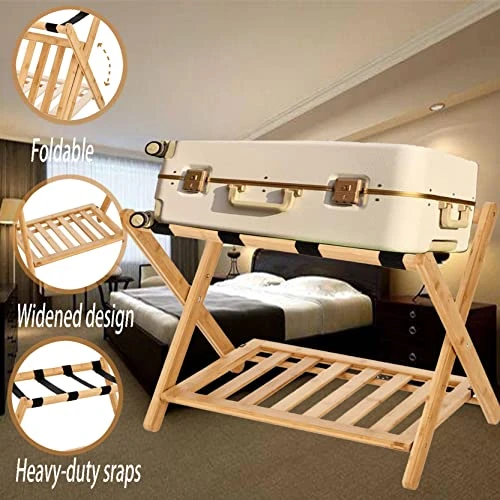Folding Luggage Rack For Guest Room Pack Of 2 Foldable Luggage Racks For Suitcase Stand With Nylon Straps,Luggage Stand Double Tiers Bamboo Luggage Holder With Shelf For Bedroom,Hotel,No Assembly Required 6 Folding Luggage Rack For Guest Room Pack Of 2 Foldable Luggage Racks For Suitcase Stand With Nylon Straps,Luggage Stand Double Tiers Bamboo Luggage Holder With Shelf For Bedroom,Hotel,No Assembly Required - Image 6