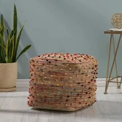 Great Deal Furniture Hellen Boho Jute And Cotton Pouf, Multicolor