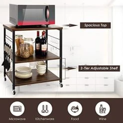 Giantex Kitchen Baker’s Rack 3-Tier Microwave Cart On Wheels, Industrial Utility Bar Cart With 10 Hooks Metal Frame Wood Storage Shelves, Rolling Microwave Stand, Vintage Bown -Songmics Furniture Shop 51gC8b2Pm3L