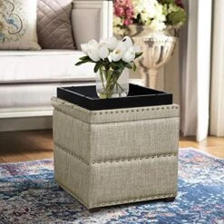 Edeco Modern Nailhead Storage Ottoman With Tray Top Square Script Ottoman Space-Saving Coffee Table, Grey -Songmics Furniture Shop 51gCvMBPg3L. AC