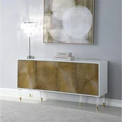 Meridian Furniture Bellissimo Collection Modern | Contemporary Lacquer Sideboard/Buffet Tipped Acrylic Legs Wood Design, 64" W X 18" D X 31" H, White/Gold