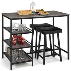 Giantex 3 Piece Dining Table Set, Counter Height Pub Table & Chairs Set, 3 Tier Storage Shelves, Kitchen Table Set, Industrial Bar Table With 2 Pub Stools Upholstered, 47 X 23.5 X 36 Inch