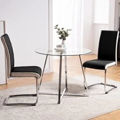 5 Pieces Dining Table And Chairs Set - Modern Round Dining Room Table With 4 Leather Chairs - Tempered Glass Table Top And Chrome Legs Kitchen Table Set For Small Space - White -Songmics Furniture Shop 51gRWov A3L. AC