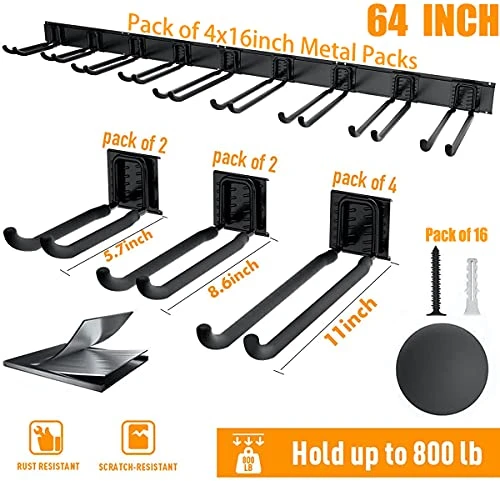 TORACK Tool Storage Rack, Heavy Duty Steel Garage Wall Mount Garden Tool Organizer For Ladders, Chairs, Shovels, Broom, Power Tools (8-Pack 5.7"-11" Mixed Hooks, Up To 800 Lbs) 2 TORACK Tool Storage Rack, Heavy Duty Steel Garage Wall Mount Garden Tool Organizer For Ladders, Chairs, Shovels, Broom, Power Tools (8-Pack 5.7"-11" Mixed Hooks, Up To 800 Lbs) - Image 2