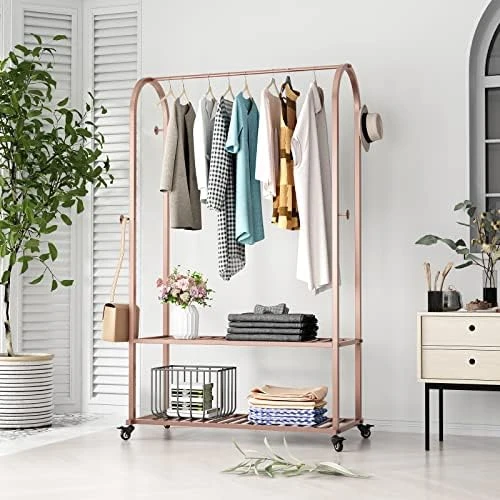 MaiRHK Gold Clothing Rack On Wheels Gold Display Rack With 2-tier Shelf Metal Hanging Rack Gold Clothes Rack For Boutique, Retail Or Home -gold 8 MaiRHK Gold Clothing Rack On Wheels Gold Display Rack With 2-tier Shelf Metal Hanging Rack Gold Clothes Rack For Boutique, Retail Or Home -gold - Image 8