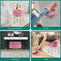 YITAHOME Modern Velvet Upholstered Round Storage Ottoman Footrest Vanity Stool With Gold Metal Legs & Tray Top Coffee Table Having 17.5” Height And Holds Upto 330 Lbs (Pink) 9 YITAHOME Modern Velvet Upholstered Round Storage Ottoman Footrest Vanity Stool With Gold Metal Legs & Tray Top Coffee Table Having 17.5” Height And Holds Upto 330 Lbs (Pink) -Songmics Furniture Shop 51gcONAzazL