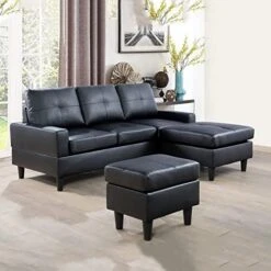 A Ainehome Convertible Sectional Sofa Couch, L Shaped Couch And Ottoman With Faux Leather Fabric Small Sectional Sofa Set For Living Room, Apartment(A-Black) -Songmics Furniture Shop 51giCfZBgpL. AC