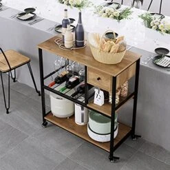 URKNO Bar Cart For Home, Mobile Kitchen Baker's Rack With Drawer, Industrial Wine Cart Microwave Stands With Wine Rack, Glass Holder, Hooks, Rustic Brown -Songmics Furniture Shop 51h0noqOT4L