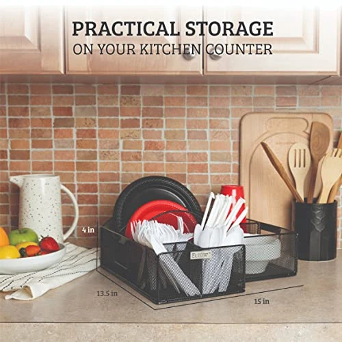 ELTOW Countertop Silverware Caddy W/Handle, 8 Compartment Paper Plate & Cutlery Caddy For Plates, Bowls, Forks, Spoons, Knives, Napkins, Flatware & Utensil Holder For Party, Picnic, Home, RV - Black 3 ELTOW Countertop Silverware Caddy W/Handle, 8 Compartment Paper Plate & Cutlery Caddy For Plates, Bowls, Forks, Spoons, Knives, Napkins, Flatware & Utensil Holder For Party, Picnic, Home, RV - Black - Image 3