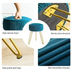 Modern Velvet Round Footstool Ottoman, Peacock Blue Velvet Ottoman Vanity Stool Foot Rest With Gold Legs, Upholstered Pleated Vanity Chair Ottoman, Makeup Stools For Vanity, Footrest For Living Room -Songmics Furniture Shop 51h7fCEikAL